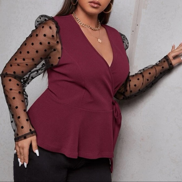 Boho plus size burgundy v neck tie side mesh sieved peplum blouse - Picture 9 of 10